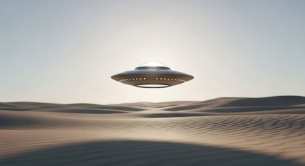 Flying saucer hovering over desert dunes under a bright sky. Extraterrestrial spaceship or UFO. Alien visit and unknown phenomenon concept.
