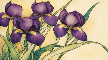 Detailed depiction of purple irises against a light beige background.