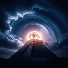 All seeing eye radiating light atop an ancient, dark pyramid under a cosmic night sky. Spiritual awakening and mystical vision concept.