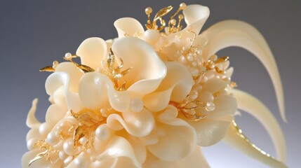 Intricate, decorative floral design in cream and gold.