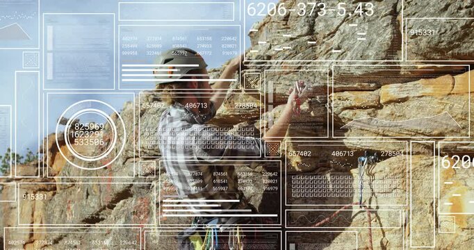 Climber tapping quickdraw and launching digital overlay, climbing rock wall with sports safety data