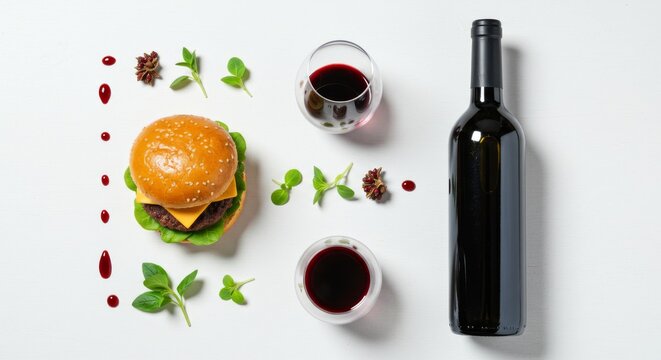 artisanal burger and wine bottle arranged symmetrically, wine glass casting elegant shadow