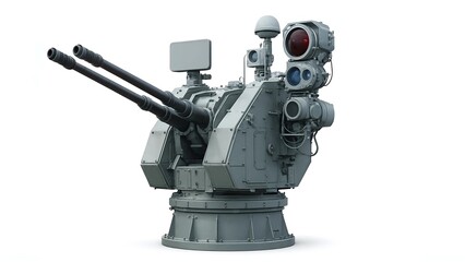Modern Anti-Aircraft Gun Turret System with Twin Barrels Isolated on White