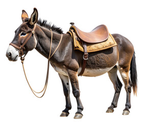 Realistic Donkey Standing Sideways with Saddle and Gear, Rustic Style, Isolated on Transparent Background