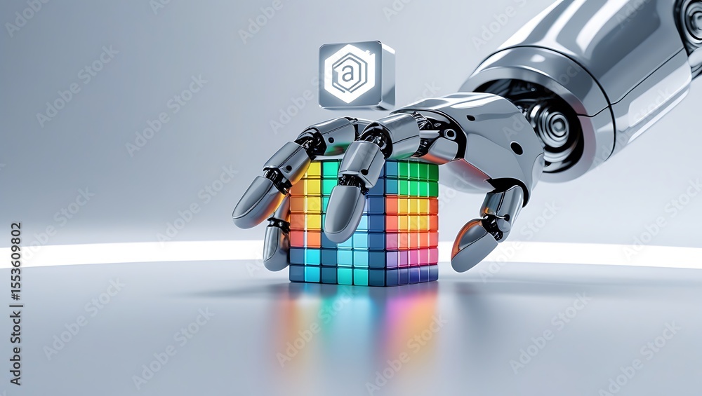 Poster a robot hand manipulates a colorful cube symbolizing artificial intelligence and technological advan