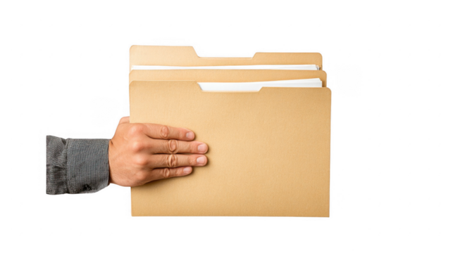 Hand holds tan file folders filled with documents, illustrating a common office activity focused on organization, delivery, and management of paperwork and administrative tasks. - Powered by Adobe