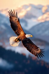 Obraz premium A bald eagle flying through the air with mountains in the background