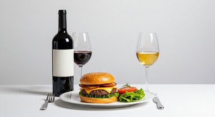 complete dining scene, wine bottle and glass flanking gourmet burger on elegant plate, formal dining setup suggesting celebration,