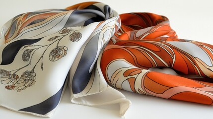 Ornate silk scarf with floral and abstract designs.