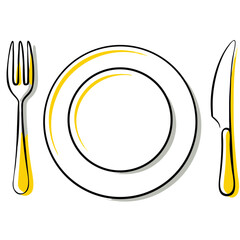 Cutlery set with fork and knife next to round plate in yellow  