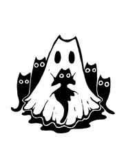 A spooky and cute Halloween illustration of ghost cats and a central kitten.