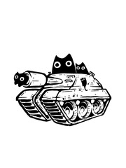 A funny cartoon illustration of two cute black cats driving a battle tank