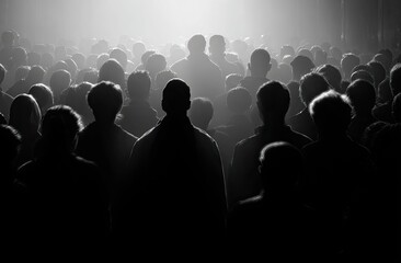 A large crowd viewed from behind, bathed in light from above