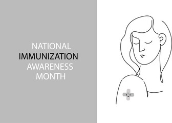 National Immunization Awareness month banner with line drawing of woman’s shoulder showing bandage after vaccination. Continuous line art vector illustration. linear banner