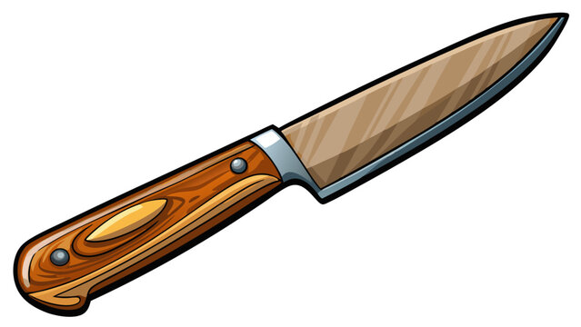 Sharp kitchen knife with wooden handle lying on white background