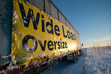 Oversize wide load truck driving on a snowy winter road at sunrise.  The yellow sign is partially covered in snow.