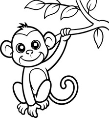 monkey hanging from a tree branch with a big grin, drawn in a cute cartoon