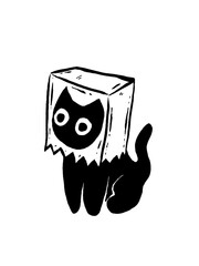 Cute black cat with a paper bag on its head, playful and unique