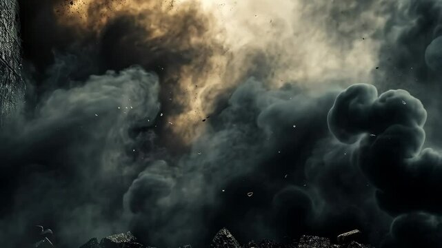 Smoke and dust engulfing an industrial area during a chaotic moment of disturbance, Environment full of smoke and dust, a lot of soot in front of camera, CG picture