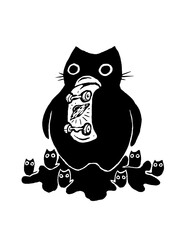 Funny big cat eating a skateboard surrounded by small cats