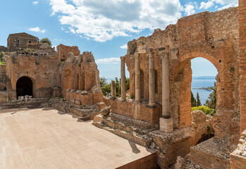 Ruins of the ancient Greek theater in Taormina, in the province of Messina, Sicily, Italy.