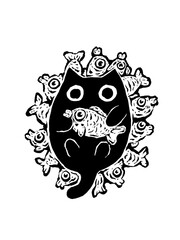 Cute black cat surrounded by fish, whimsical and charming marine art