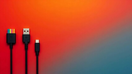 Black USB-C Connectors with Colorful Tabs on Vibrant Red-Orange Gradient Background