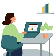 Brunette character sitting at table, working online, remote work, schedule on monitor, online, laptop, houseplant, office, online learning