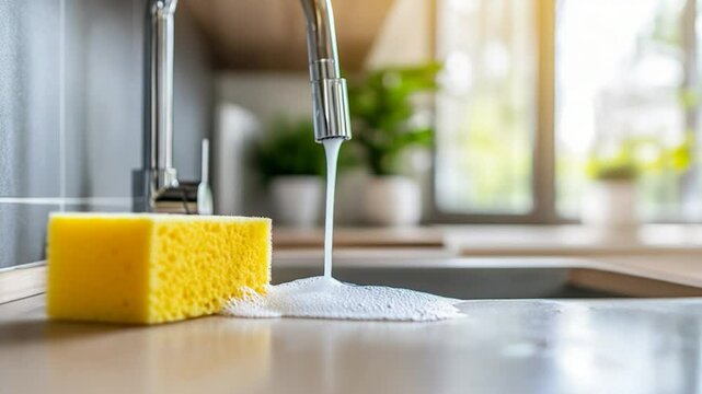 Yellow cleaning sponge and water flowing from faucet in kitchen sink