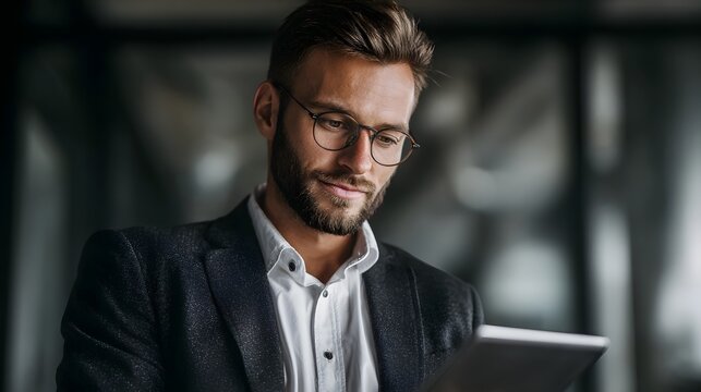 Confident businessman analyzing financial data on tablet in office