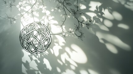 Intricate design sphere against a wall with leaves' shadows.