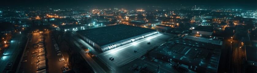 Mega urban distribution center seen from drone at night