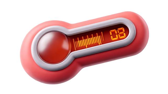3d cartoon red medical or weather thermometer in realistic funny colorful style. Render bright children toy object.