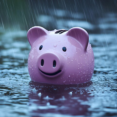 Piggy bank in heavy rain, water splashes on pink ceramic savings jar, financial crisis concept, rainy day money emergency, savings drowning metaphor, budget trouble, finance risk, wet investment loss
