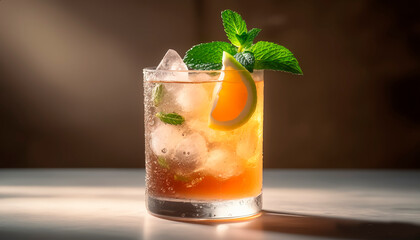 photo of a cocktail in a glass with ice. The drink has a rich color, decorated with a slice of citrus and a sprig of mint.