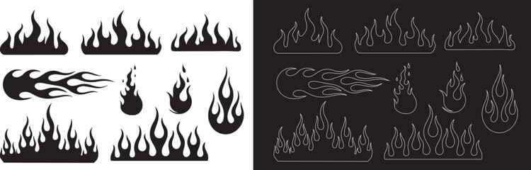 Various flame designs isolated on white and black background