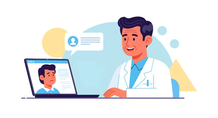 Telemedicine consultation with a concerned patient displayed on a laptop screen.