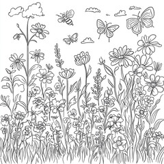 Whimsical Floral Meadow Line Art Coloring Page Featuring Butterflies and Bees