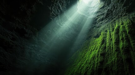 Sunlight streaming through a cave, illuminating moss-covered walls.
