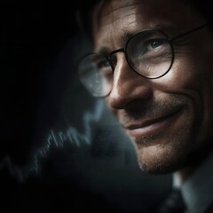 Confident investor with chart reflection in glasses