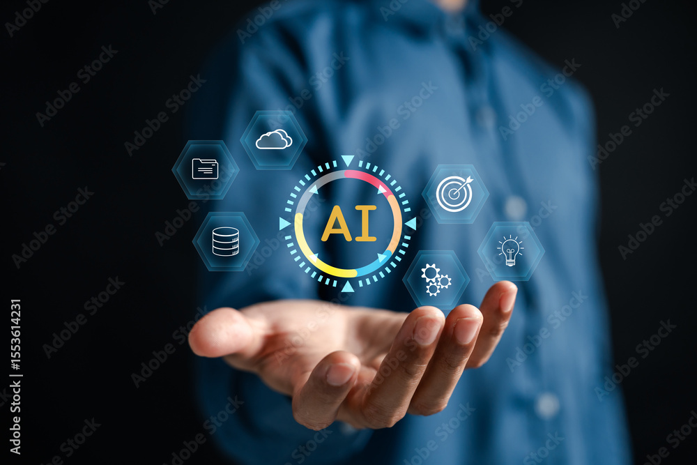 Fototapete AI cloud computing and data analytics with artificial intelligence, digital data, server, cloud storage, innovation, and smart technology in business.