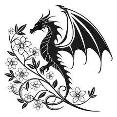 Silhouette of a dragon with large wings perched among winding floral vines and blooming flowers design