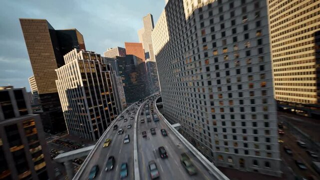 FPV Drone Flight: Digital City Traffic, Corporate Success & Overpopulation Concept