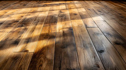 Warm sunlight illuminates rich, dark brown hardwood floorboards, creating a textured and inviting background. Perfect for interior design, home décor, or real estate projects.