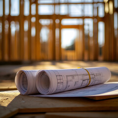 Architectural blueprints resting on wooden beams at a construction site, showcasing home building process.