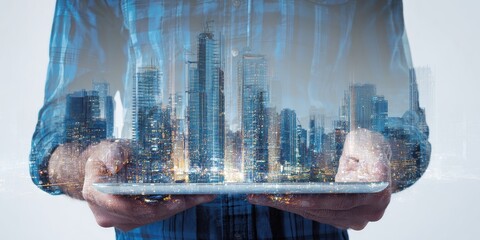 A person holds a tablet, cityscape superimposed