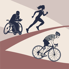 Obraz premium Illustration of three athletes: a wheelchair racer, a runner, and a cyclist on a gradient path