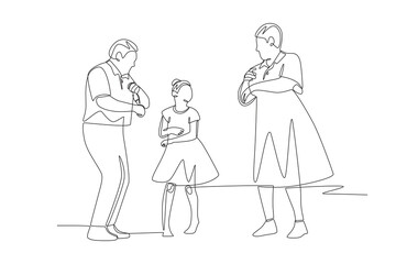Family dancing. Family relaxing concept one-line drawing