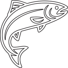 A striking outlined salmon leaping upwards, ideal for seafood branding or fishing themed designs, available as a scalable graphic for logos and icons with a nautical touch.