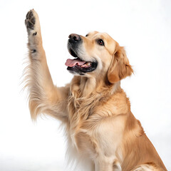 A golden retriever dog raising its paw with its tongue out against a white background in studio shot
